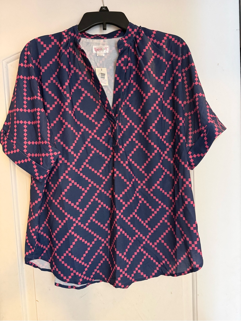 Topshop Navy V-Neck Blouse with Pink Geometric Print